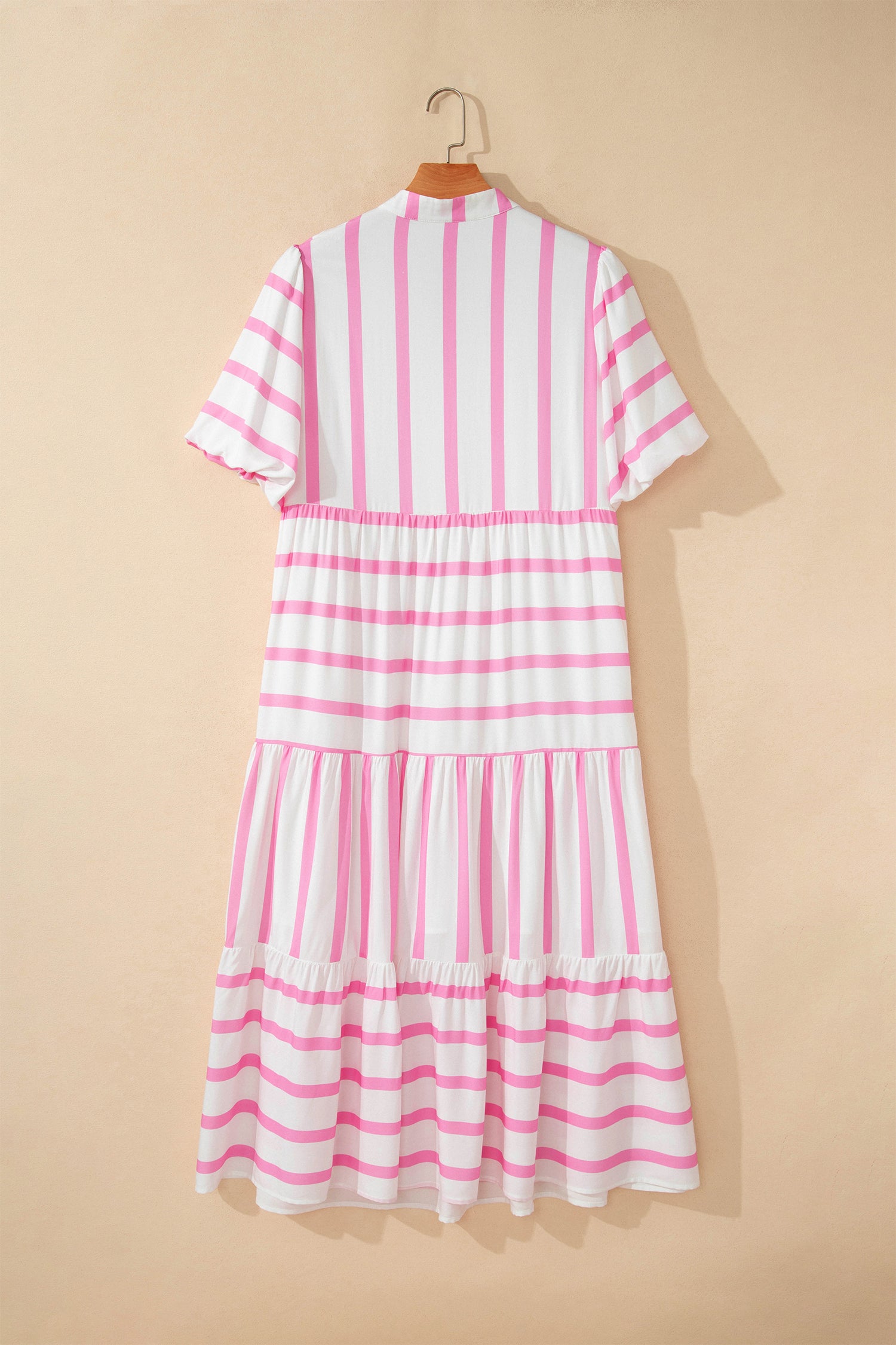 Pink Stripe Plus Size V Neck Short Puff Sleeve Tiered Maxi Dress - Snoopy's Closet