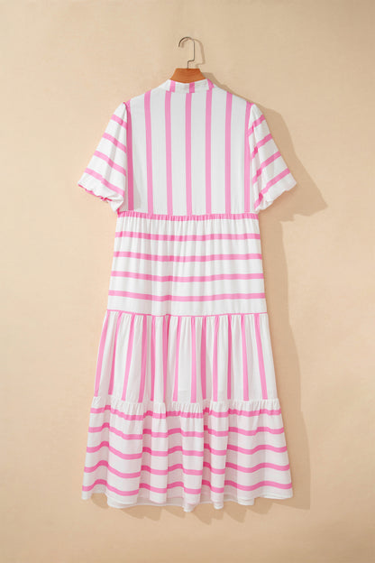 Pink Stripe Plus Size V Neck Short Puff Sleeve Tiered Maxi Dress - Snoopy's Closet