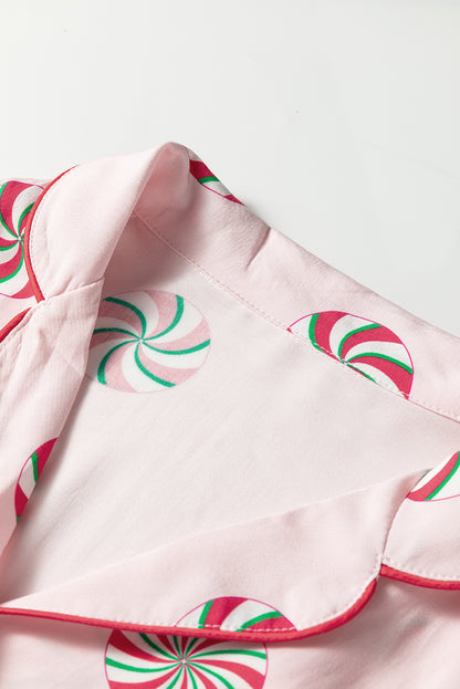 Pink Christmas Candy Contrast Trim Bow Knot Silky 2pcs Pajama Set - Snoopy's Closet