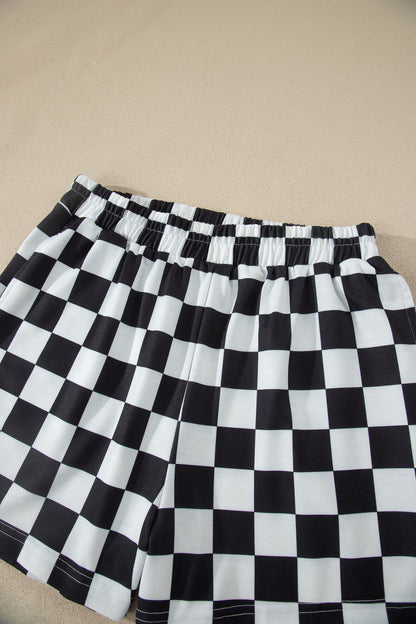Pink Checkered Print Color Block Trim Mock Neck Short Set - Snoopy's Closet