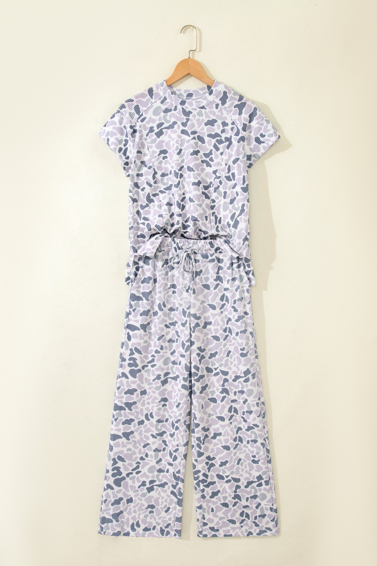 Beige Camouflage Print Twisted Rib Loose Tee Drawstring Pants Set - Snoopy's Closet