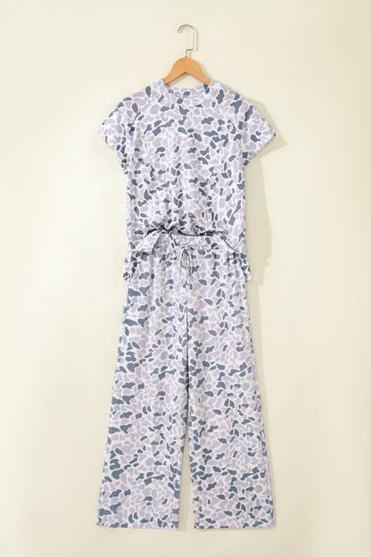 Beige Camouflage Print Twisted Rib Loose Tee Drawstring Pants Set - Snoopy's Closet
