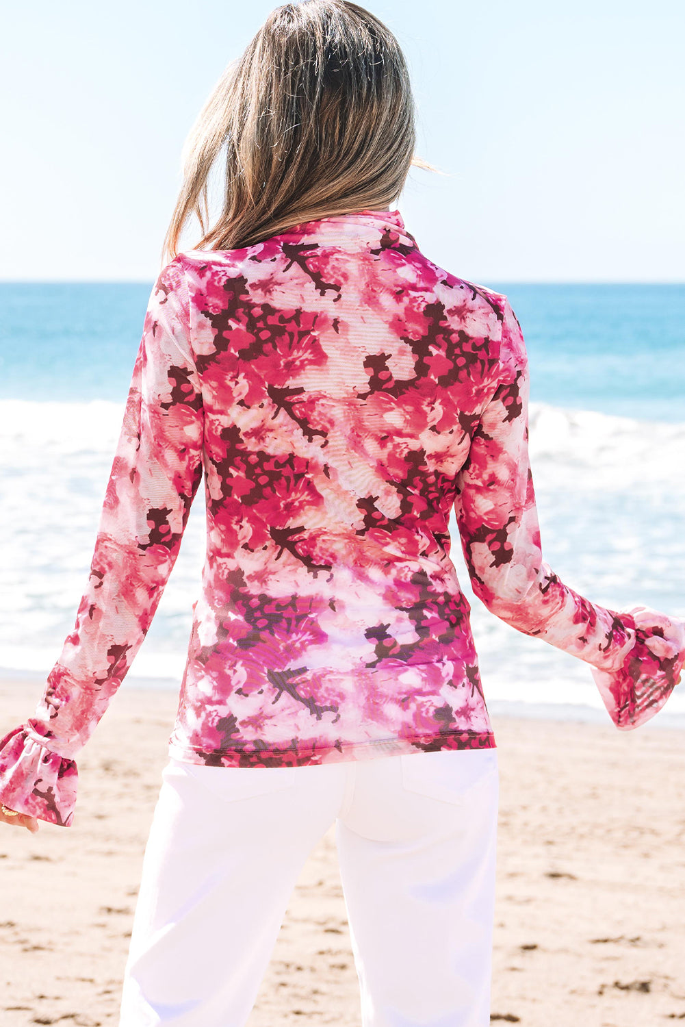 Rose Floral Mesh Flounce Sleeve Mock Neck Blouse - Snoopy's Closet
