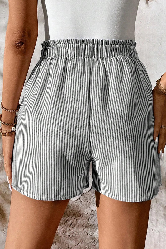 Pantalones cortos casuales con cordones, cintura elástica y bolsillos, a rayas grises