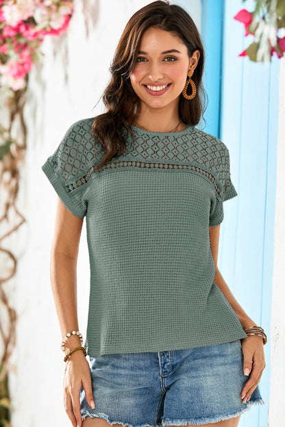 Mist Green Lace Patchwork Waffle Short Sleeve Top - Snoopy's Closet