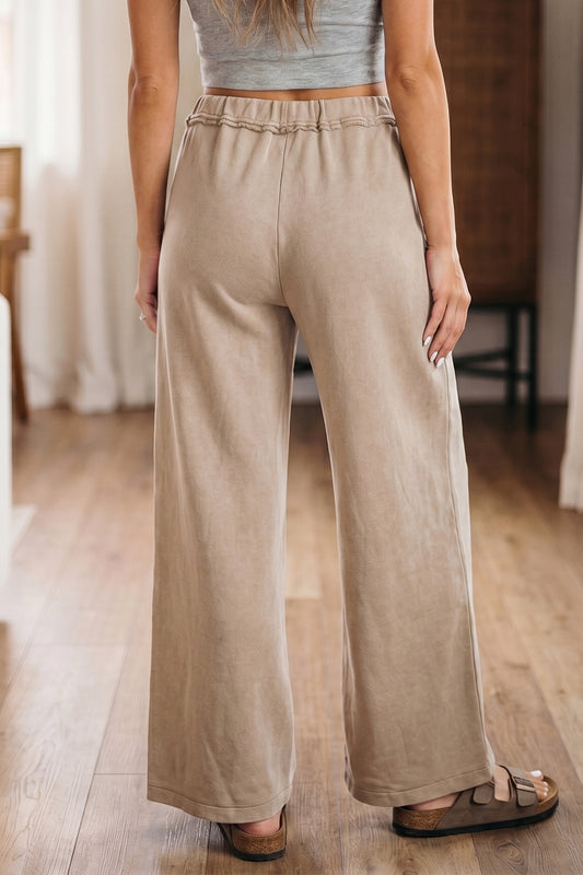 Pantalones Retro Western de Cintura Alta y Pierna Ancha con Cordón y Lavado Mineral Gris Humo