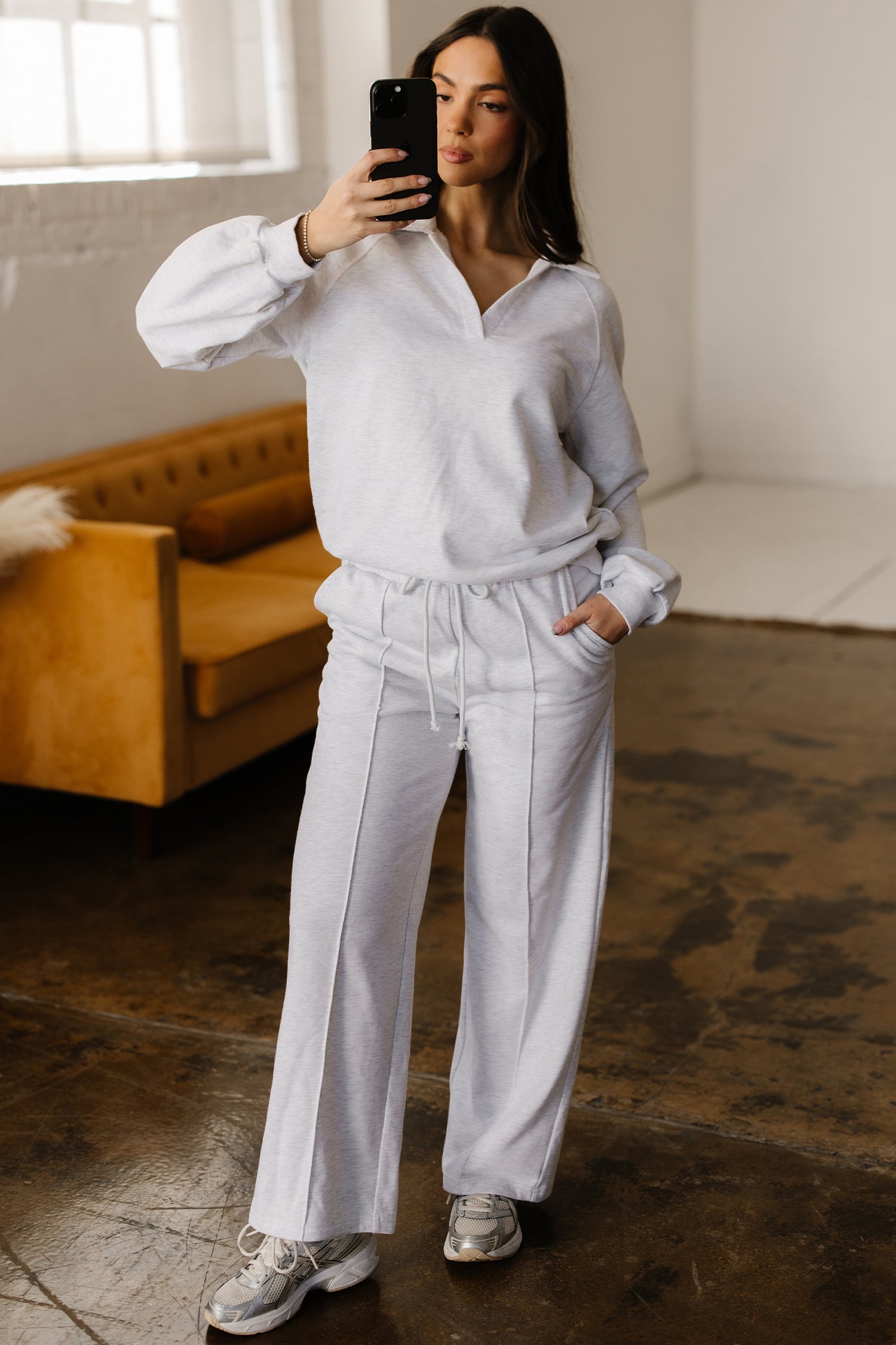 Light Grey Polo Collar V Neck Pullover and Drawstring Sweatpants Set - Snoopy's Closet
