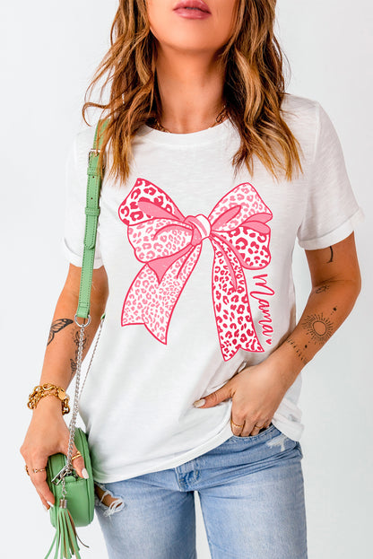 Camiseta de Moda para el Día de la Madre con Gráfico de Lazo y Leopardo Blanco