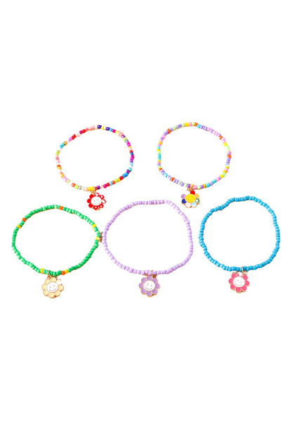Light Blue 5pcs Smiley Flower Pendant Beaded Bracelet Set - Snoopy's Closet