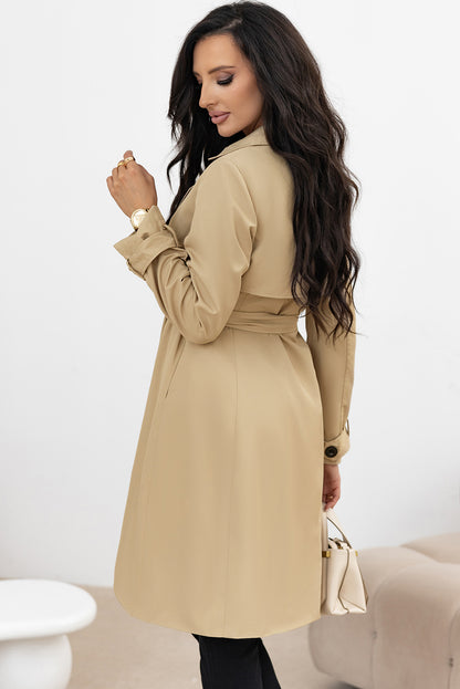 Pale Khaki Solid Color Lapel Collar Waist Tie Wind Coat - Snoopy's Closet