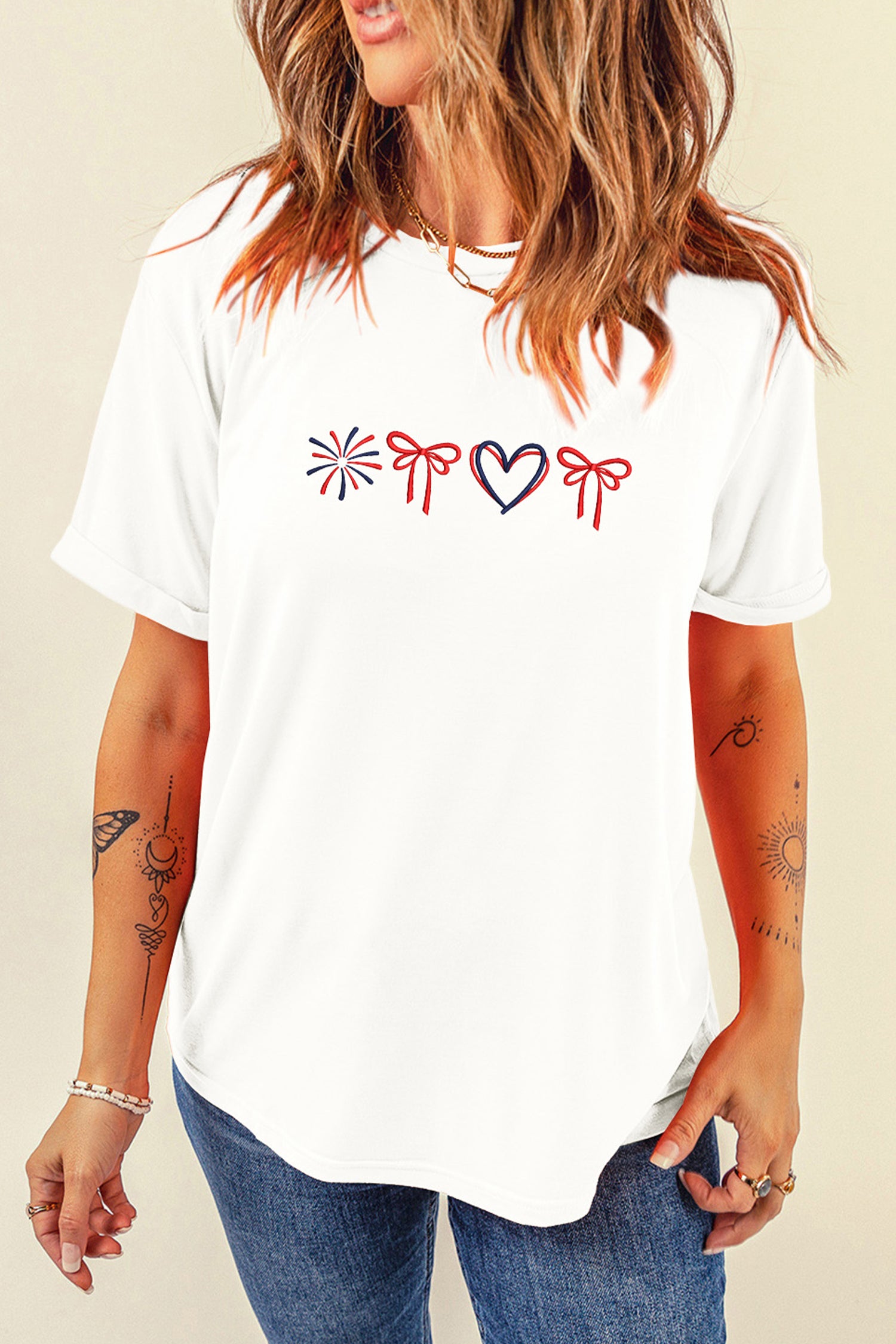 White Love July 4th Firework Bow Embroidered T Shirt