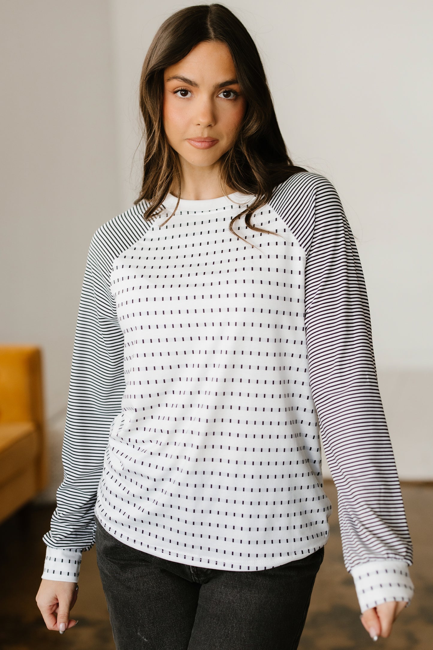 Black Stripe Raglan Patchwork Long Sleeve Tee - Snoopy's Closet