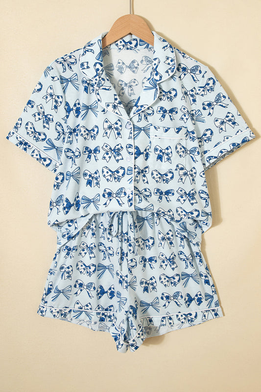 Conjunto de pijama corto con estampado de lazos azul cielo