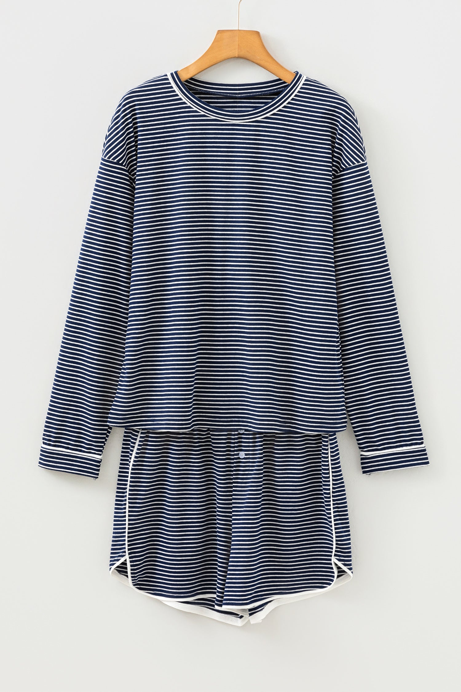 Blue Stripe Drop Shoulder Round Neck Long Sleeve Tee and Buttoned Shorts 2pcs Lounge Set - Snoopy's Closet