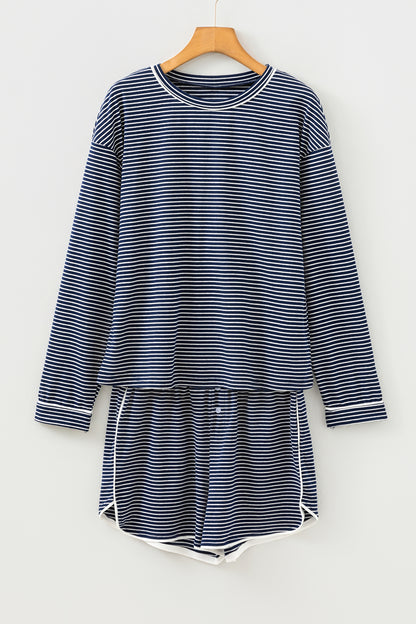 Blue Stripe Drop Shoulder Round Neck Long Sleeve Tee and Buttoned Shorts 2pcs Lounge Set - Snoopy's Closet