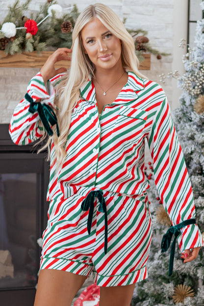 Green Stripe Contrast Velvet Ribbon Knot Christmas 2pcs Pajama Set - Snoopy's Closet
