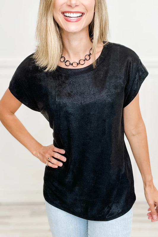 Black Metallic Round Neck Cap Sleeve Tee - Snoopy's Closet