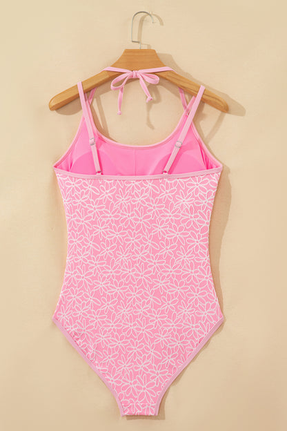 Pink Corded Flower Texture Spaghetti Straps Halterneck One Piece Swimsuit - Snoopy's Closet