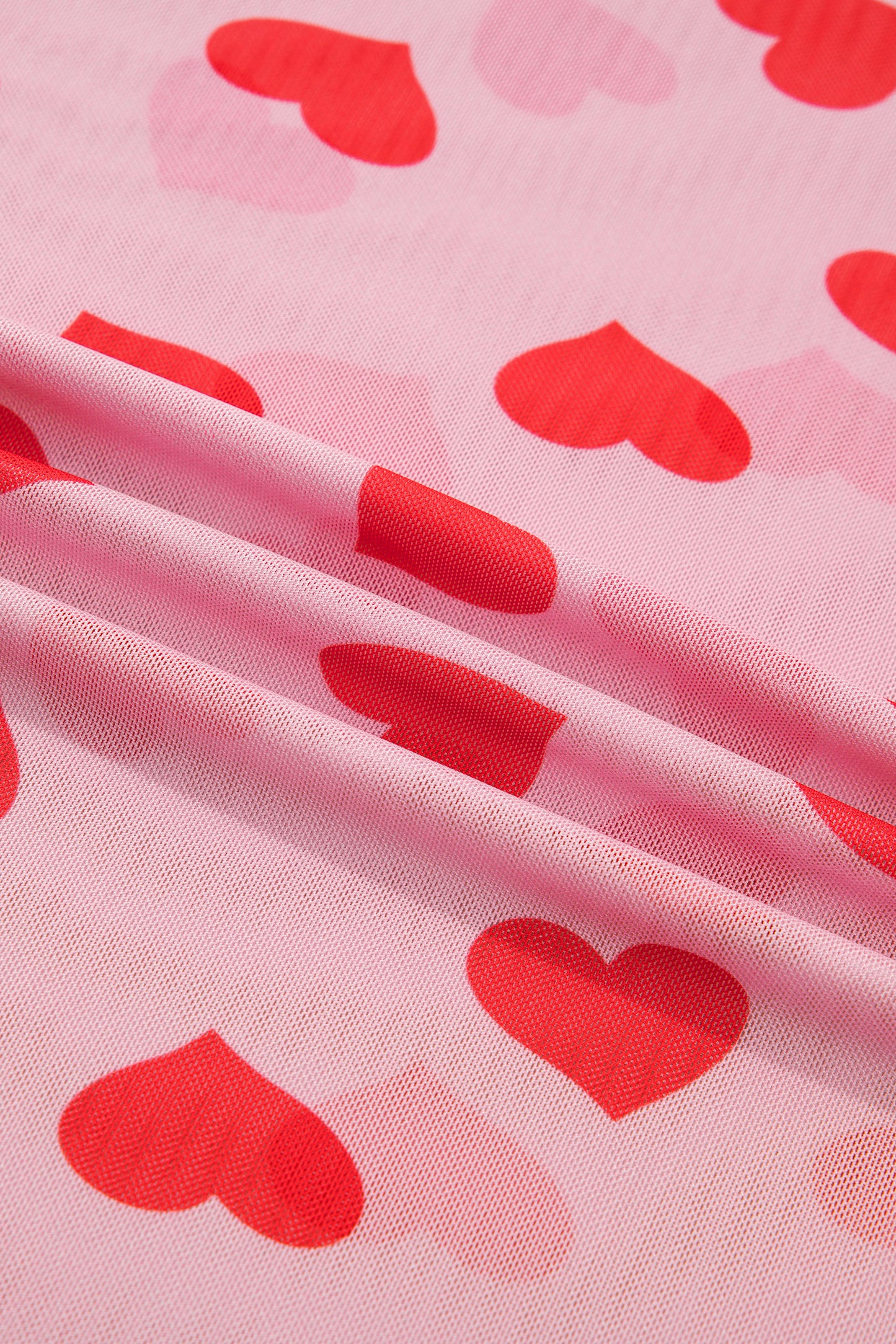Pink Valentines Heart Printed Sheer Mesh Long Sleeve Top - Snoopy's Closet