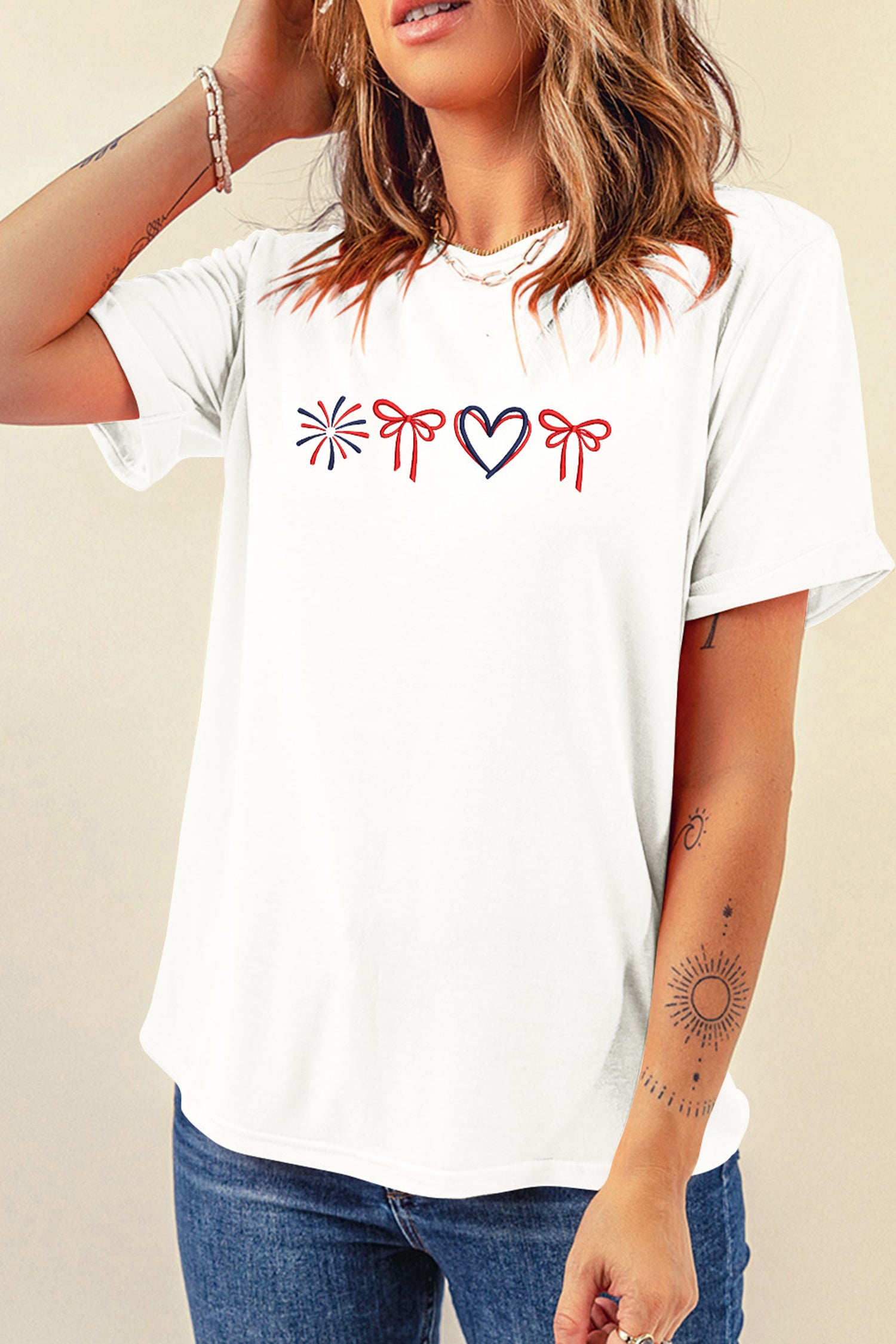 White Love July 4th Firework Bow Embroidered T Shirt