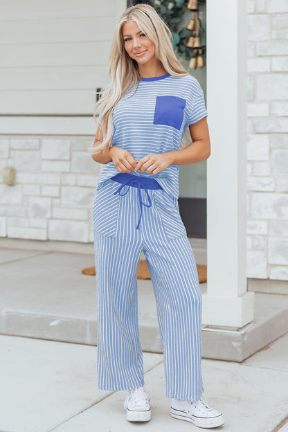 Sky Blue Stripe Crew Neck Tee Drawstring Waist Cropped Pants Set - Snoopy's Closet