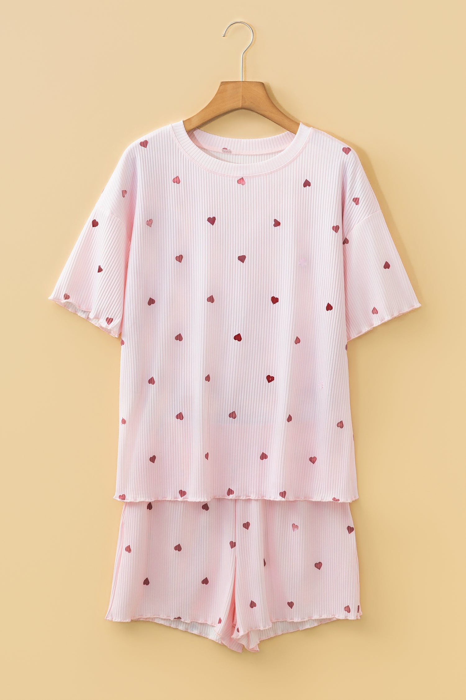 Light Pink Valentine Heart Shape Print Ribbed Knit Short Lounge Set - Snoopy's Closet