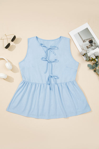 Beau Blue Talla Grande Color Sólido Lazo Peplum Blusa Sin Mangas