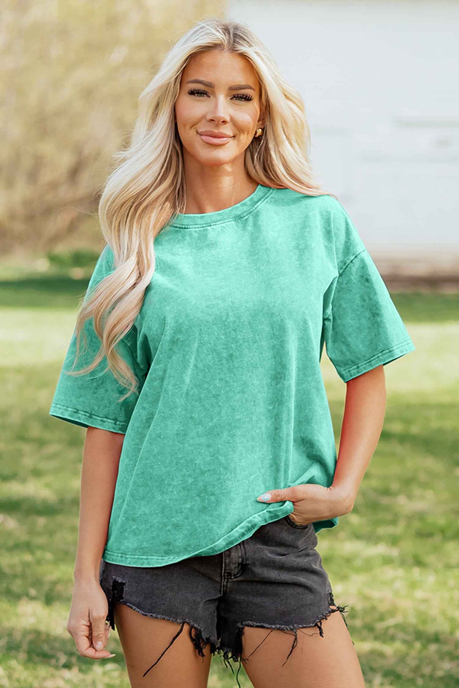 Dark Grey Solid Color Cotton Mineral Washed Oversize Tee