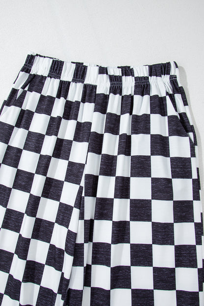 Pantalones anchos de cintura alta con estampado a cuadros de dos tonos negros