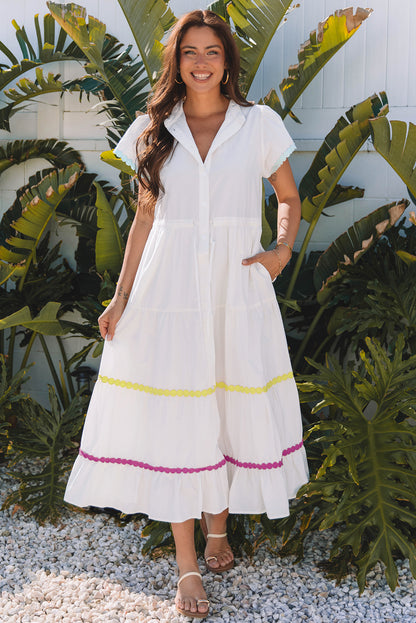 White Colorblock Rickrack Trim Short Sleeve Drawstring Waist Long Dress - Snoopy's Closet