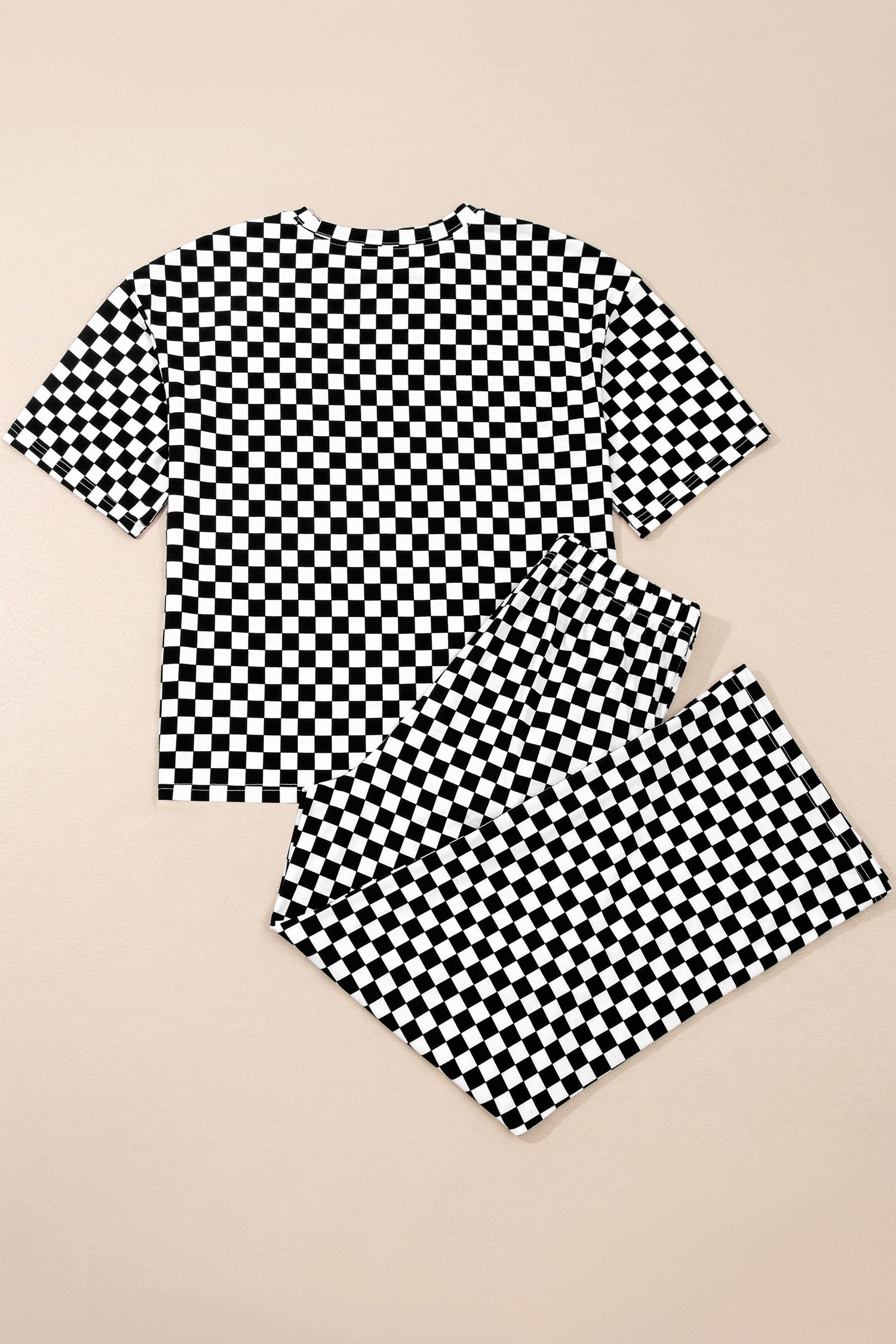 Khaki Checkered Print Half Sleeve Tee 2pcs Lounge Pant Set - Snoopy's Closet