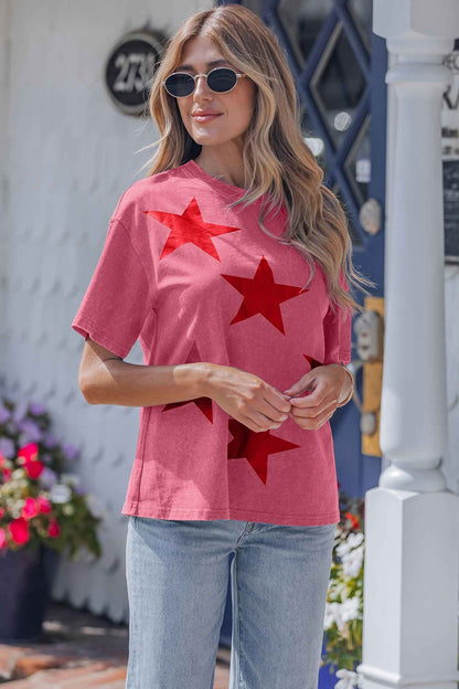 Red Independence Day Star Printed Mineral Wash T Shirt