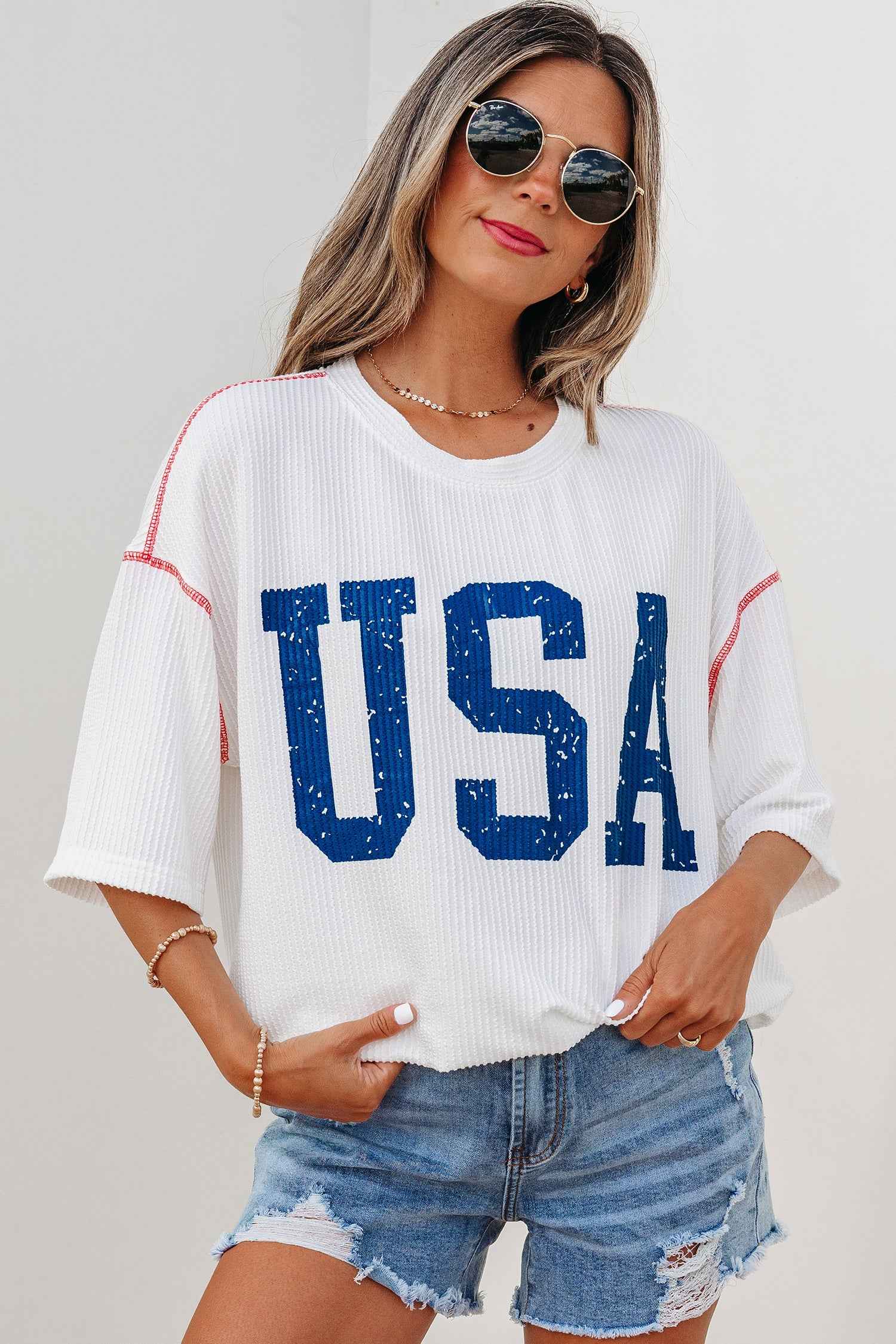 Beau Blue USA Graphic Half Sleeve Loose Ribbed Top