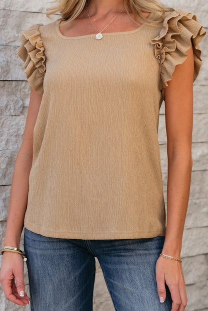 Smoke Gray Ruffled Tiered Sleeve Square Neck Textured Top - Snoopy's Closet