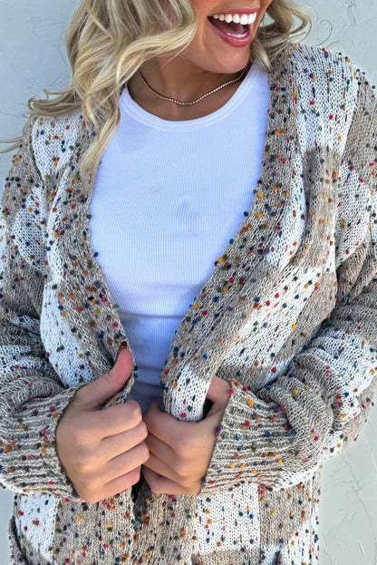 Brown Confetti Dot Checkered Print Open Cardigan with Pockets - Snoopy's Closet