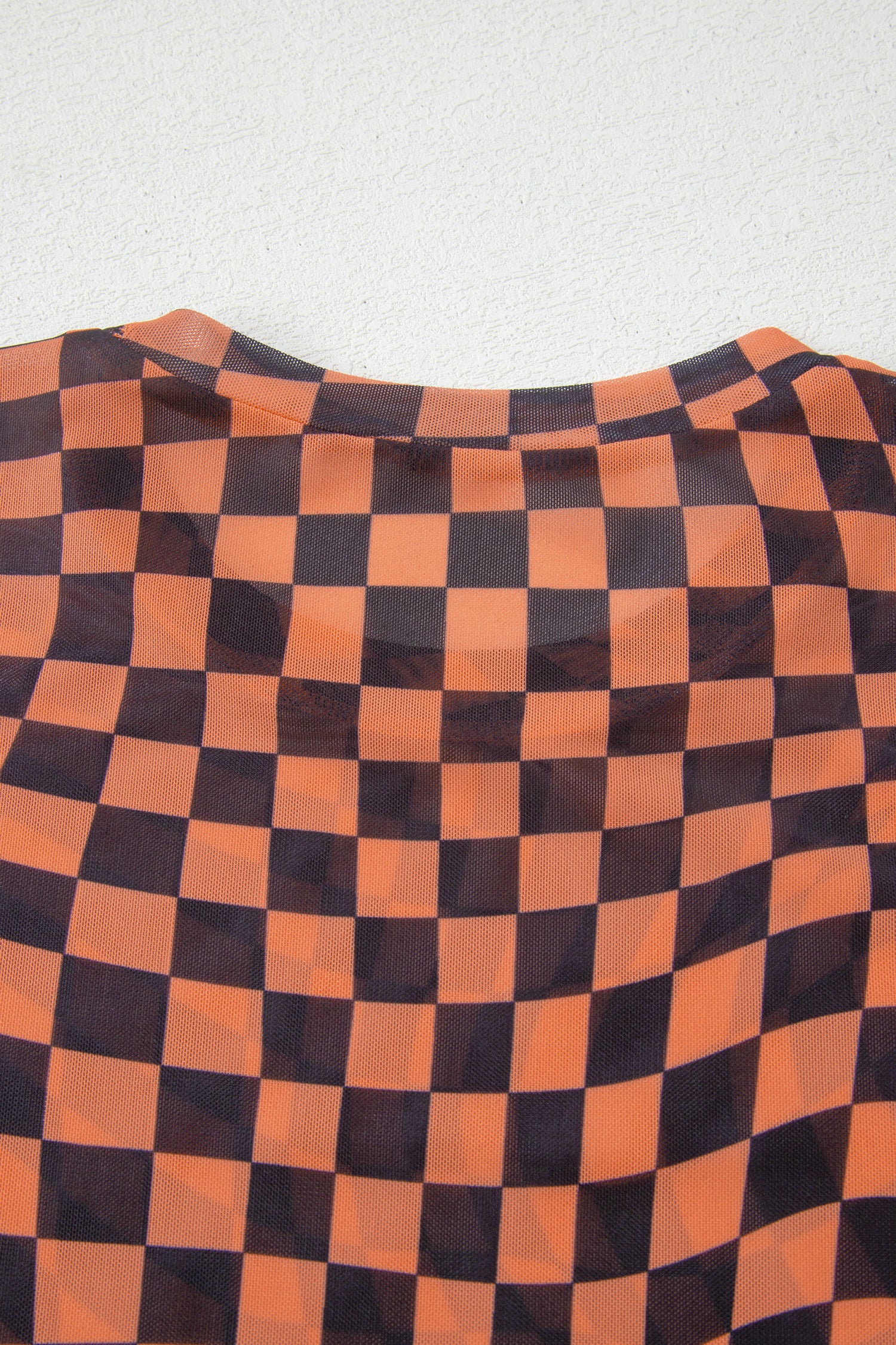 Orange Checkered Print Crew Neck Mesh T Shirt - Snoopy's Closet