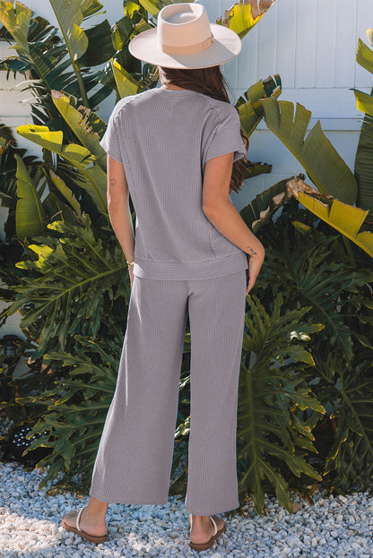 Blue Solid Corded Knit Short Sleeve T Shirt and Wide Leg Pants Set - Snoopy's Closet