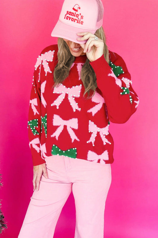 Fiery Red Bow Pearl Embellished Christmas Holiday Sweater - Snoopy's Closet
