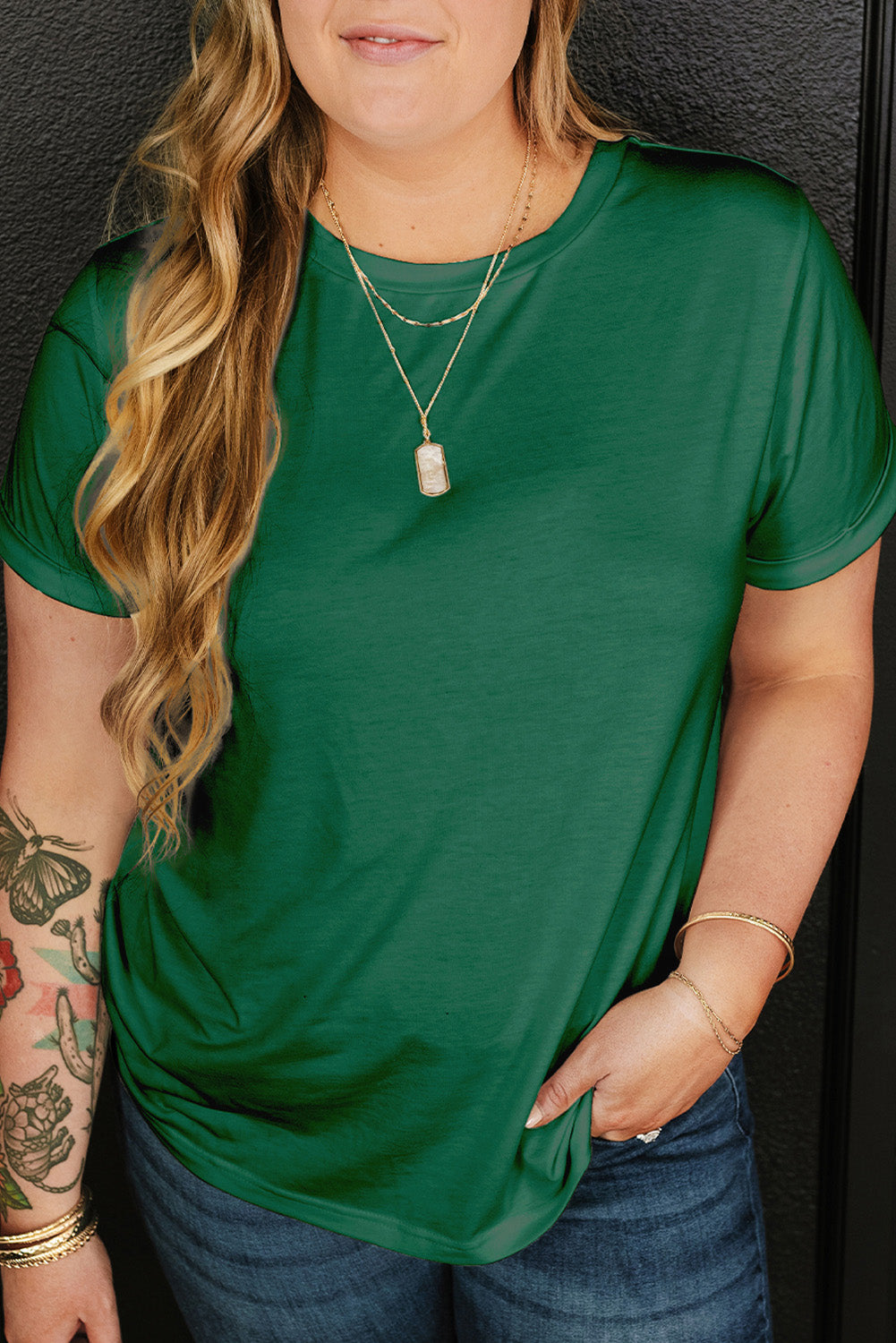 Dark Green Round Neck Rolled Sleeve Plus Size T-shirt - Snoopy's Closet