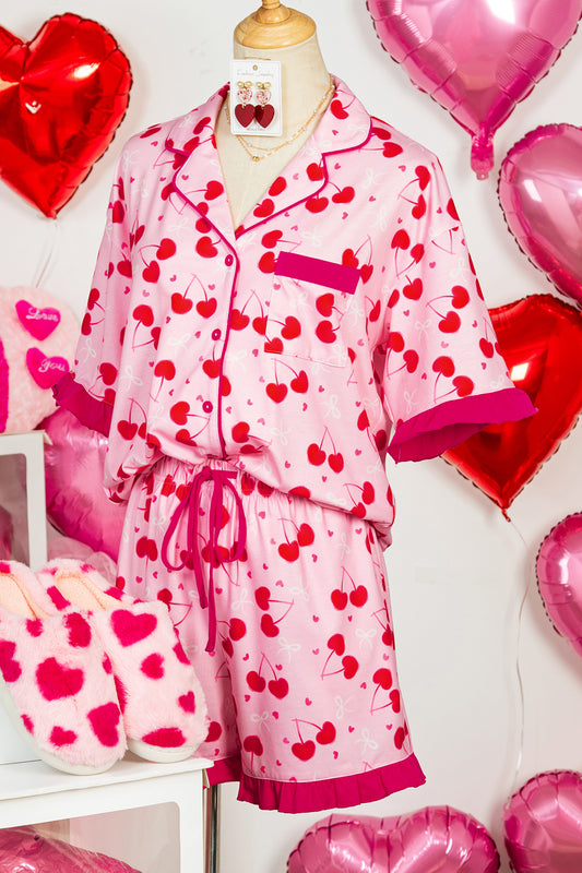 Conjunto corto de pijama con estampado mixto de cerezas y lazo con borde festoneado