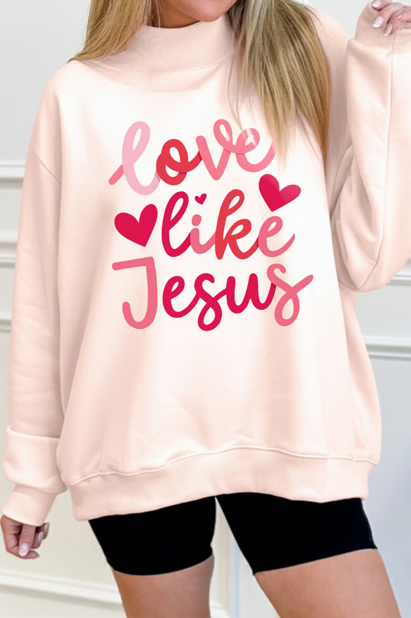 Light Pink love like Jesus Valentines Day Mock Neck Sweatshirt - Snoopy's Closet