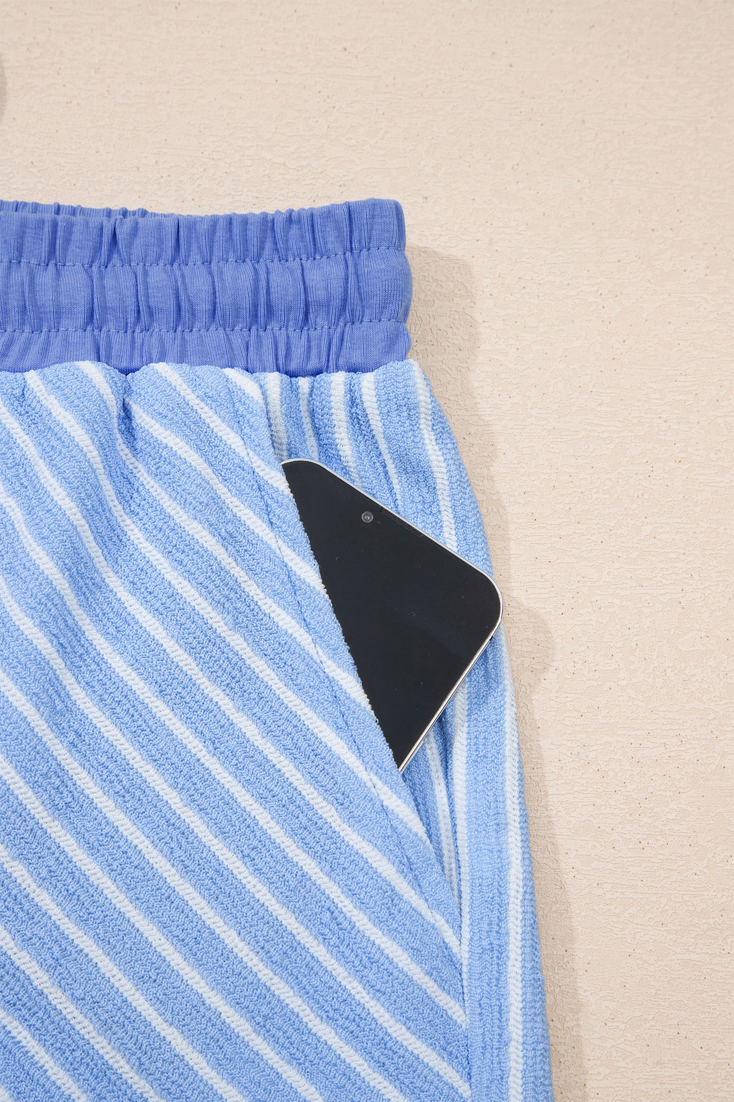 Sky Blue Stripe Crew Neck Tee Drawstring Waist Cropped Pants Set - Snoopy's Closet