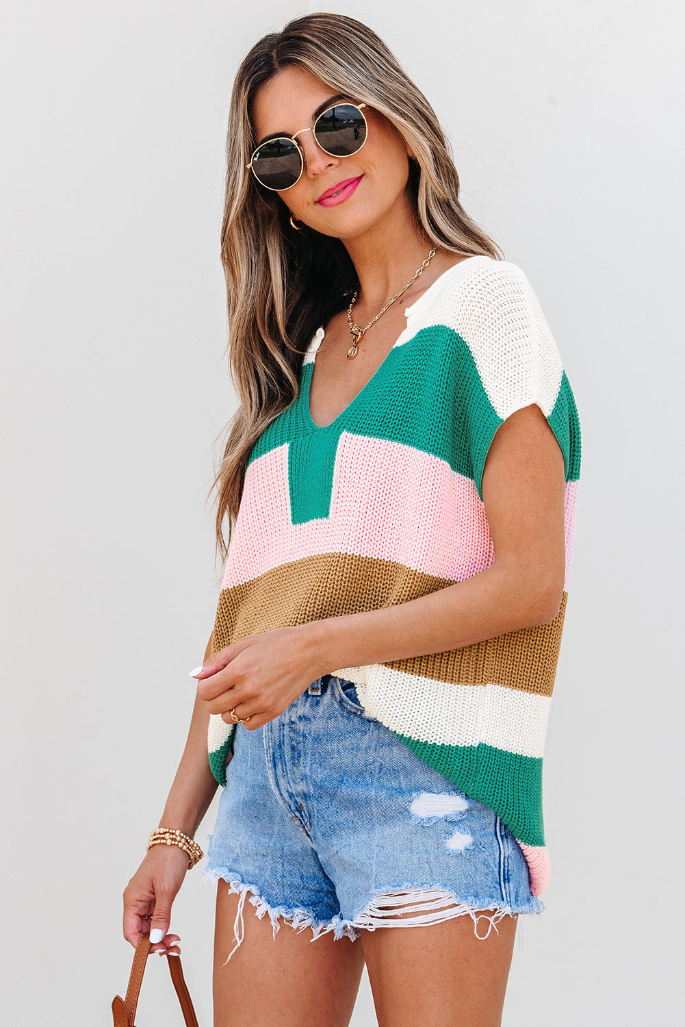Camiseta de manga larga con cuello de pico y bloques de color multicolor