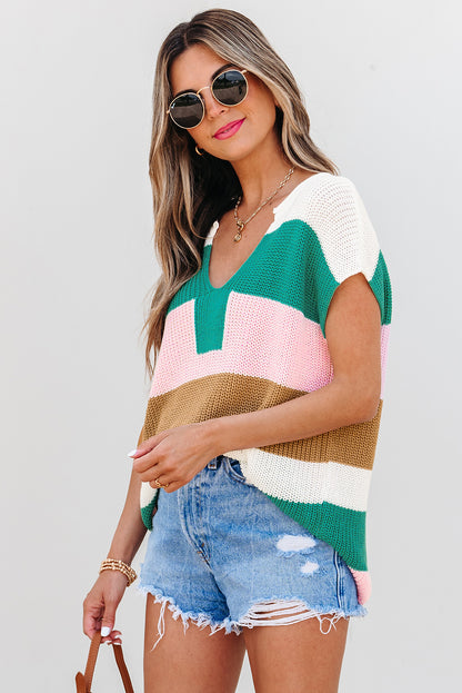 Camiseta de manga larga con cuello de pico y bloques de color multicolor