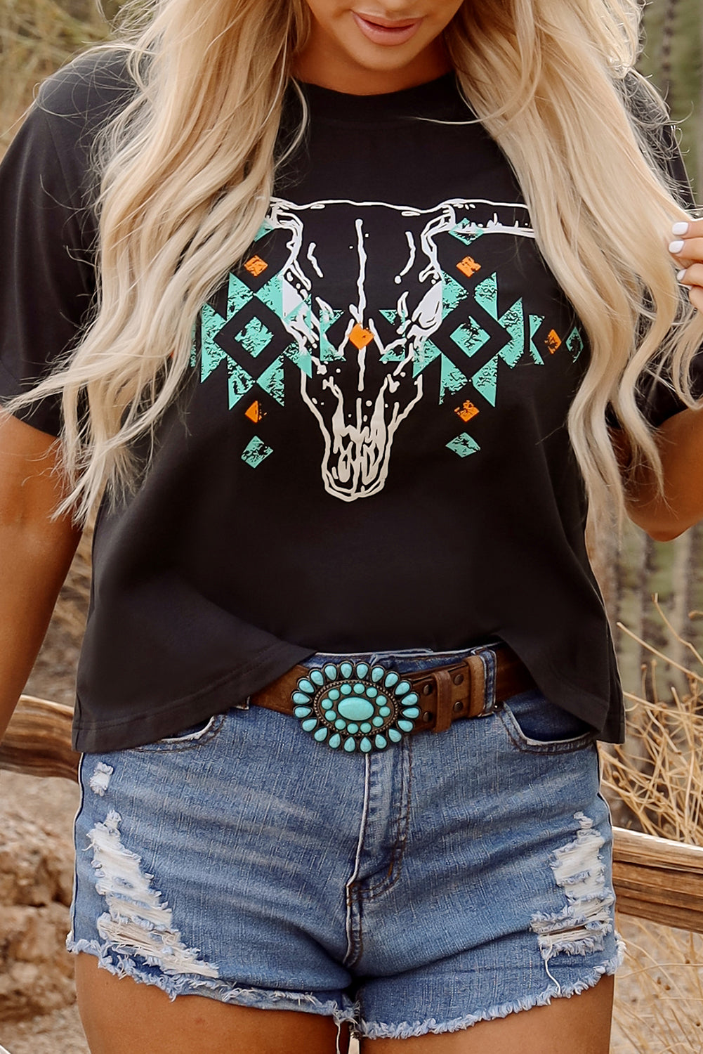 Carbon Grey Vintage Western Bull Head Skull Turquoise Aztec Graphic T Shirt - Snoopy's Closet