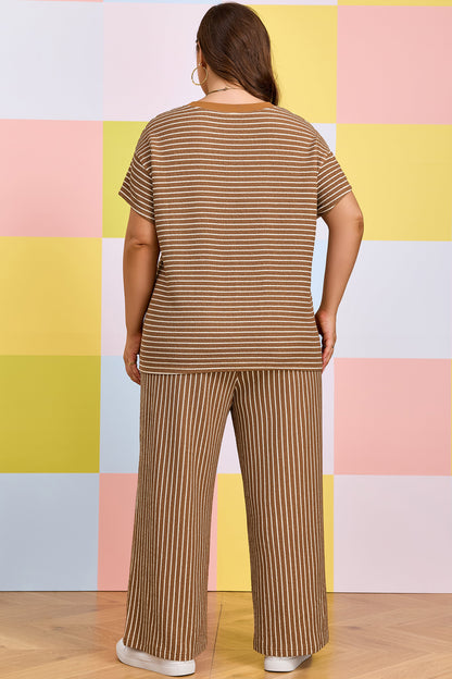 Conjunto de descanso de talla grande a rayas caqui con bloques de color y bolsillos