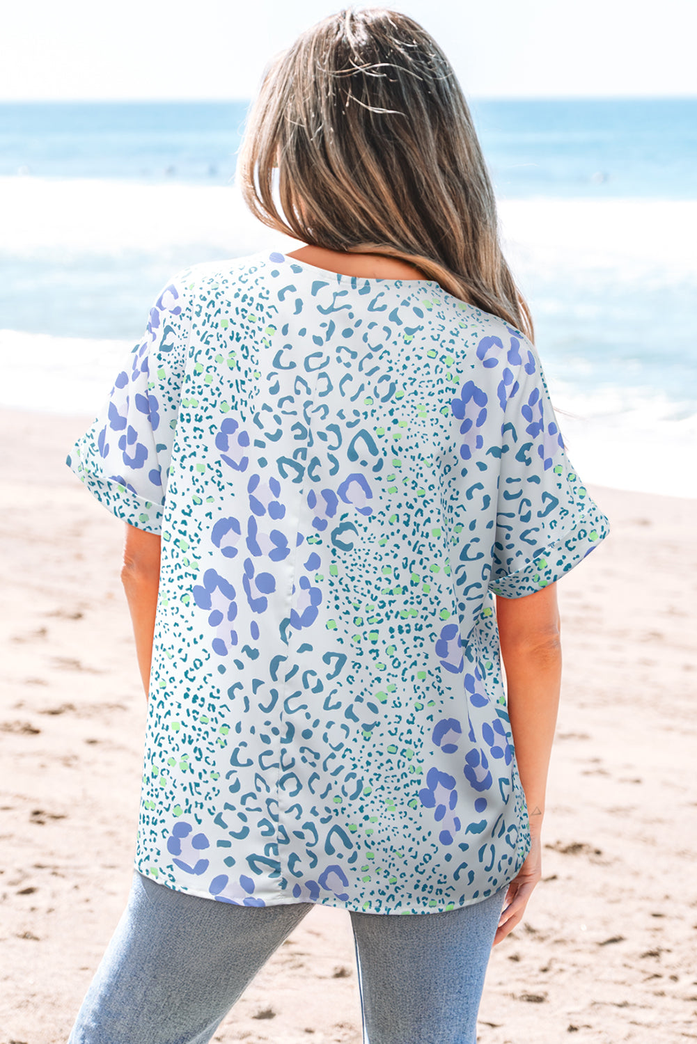 Sky Blue Mixed Leopard Print V Neck Short Sleeve Blouse - Snoopy's Closet