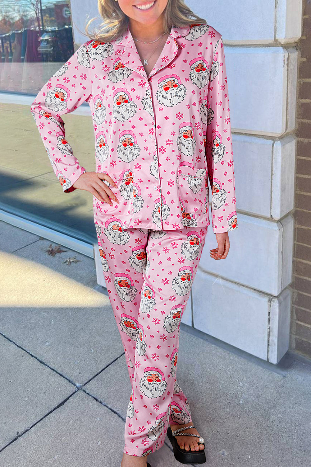 Pink Santa Claus Snowflake Long Sleeve Shirt Christmas Pajama Set - Snoopy's Closet