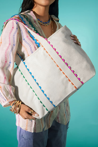 White Colorful Ricrac Detail Canvas Tote Bag - Snoopy's Closet