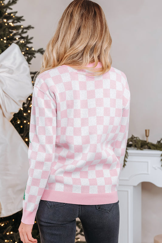 Cárdigan rosa a cuadros con diseño de árbol de Navidad y cuello de pico